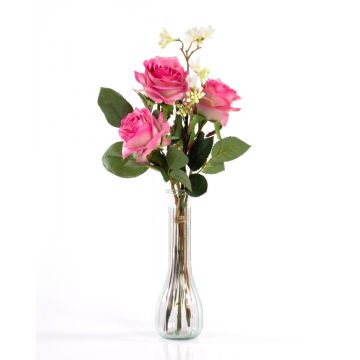 Bouquet de roses artificielles SIMONY, avec feuilles, fuchsia, 45cm, Ø20cm