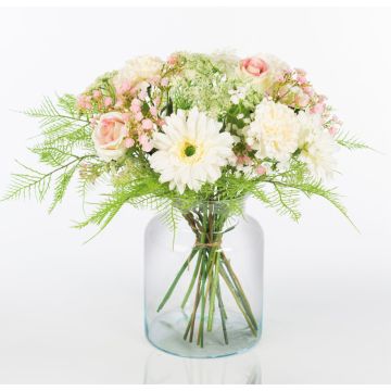 Bouquet de fleurs artificiel MALIA, gerberas, roses, et œillets, blanc-rose, 40cm, Ø30cm