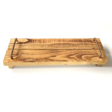 Plateau décoratif au style vintage en bois FENRIK avec anse, naturel-flammé, 50x14x4cm