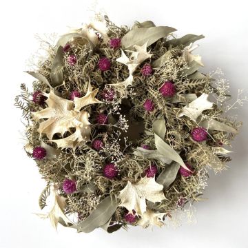 Couronne décorative de fleurs séchées MACARENA sur couronne de paille, amarante en boule, fuchsia-crème-naturel, Ø30cm